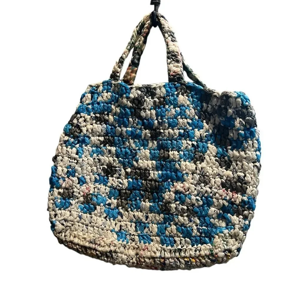 Handmade Crochet Recycled Plastic Bag Tote Blue Gray Eco-Friendly Market Bag